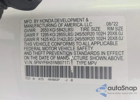 2022 Honda Pilot Awd Sport z USA, uszkodzony, nr VIN 5FNYF6H31NB071770